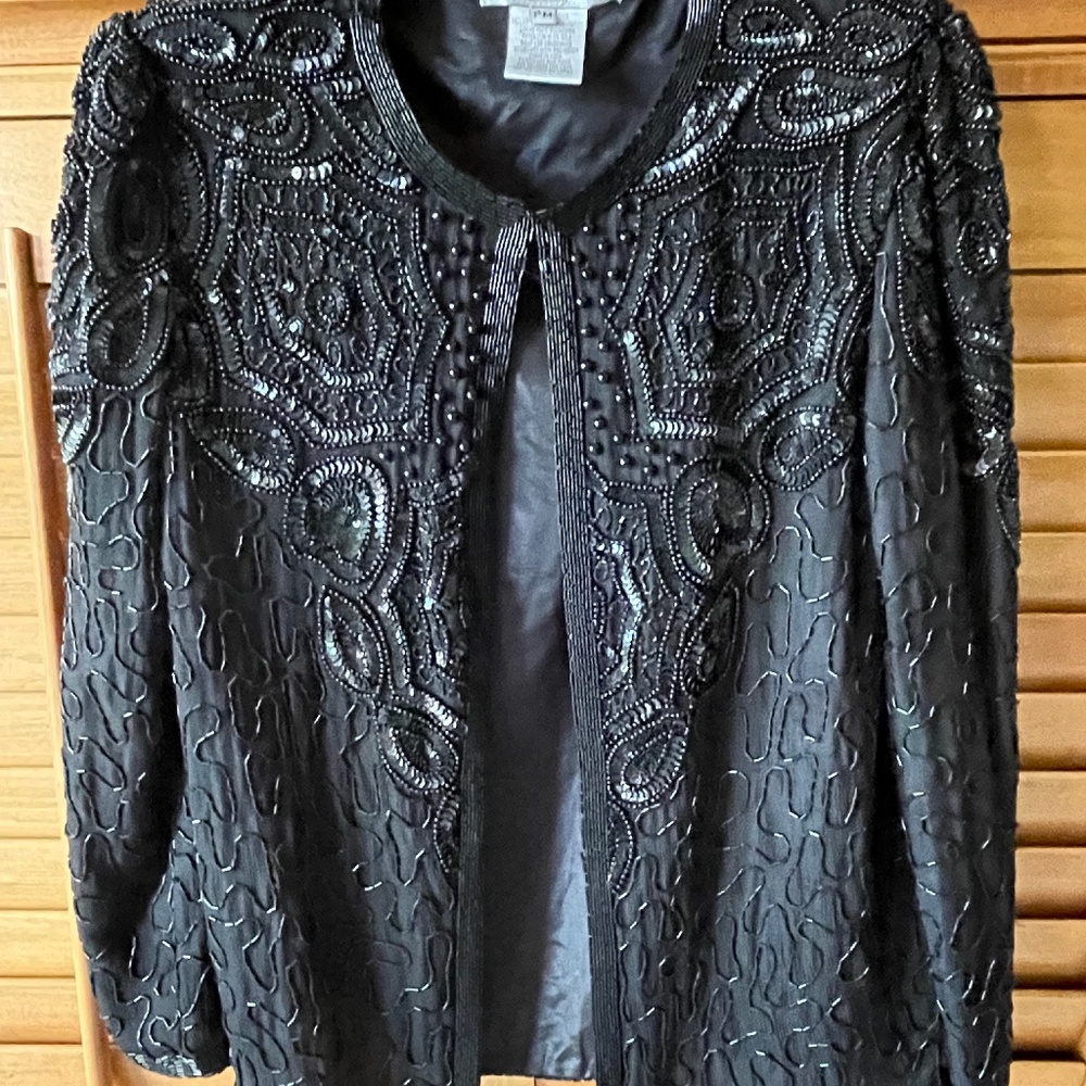 Adrianna Papell Black Silk Beaded Sequin Cocktail Jacket Size PM